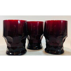 Set Of 3 Vintage Red Ruby Glasses 8Oz With Unique Hexagonal Base Design